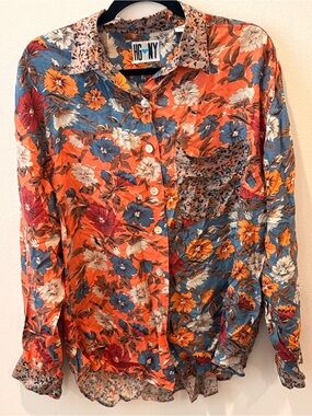 HG NY 100% Silk Patchwork Floral Button Front Blouse | Colorblock | Size L